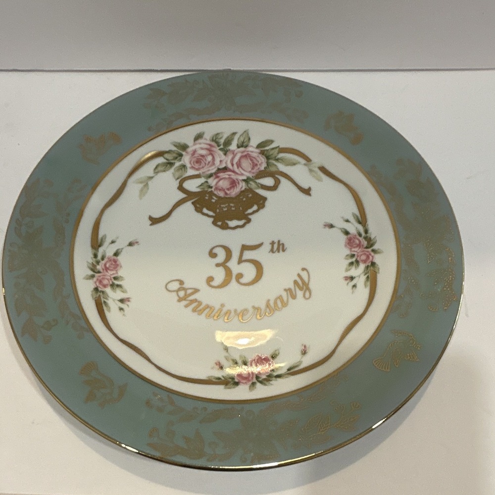 Lefton 35th Anniversary Floral Ceramic Collector Plate Gold Trim 1988